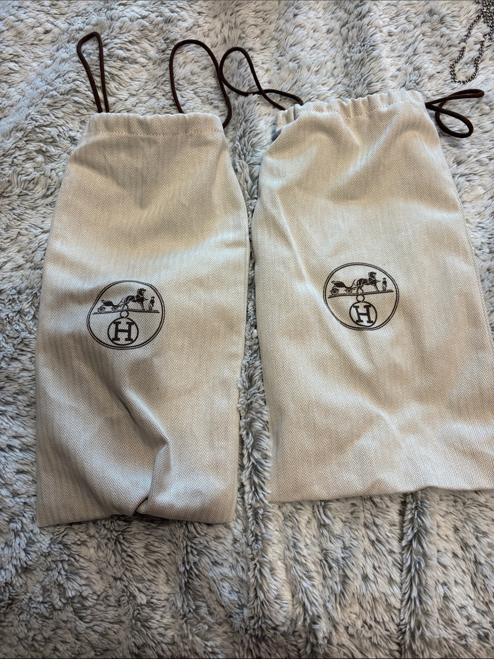 Hermes Drawstring Shoes Dust Bag Pair in Cream with Brown Logo